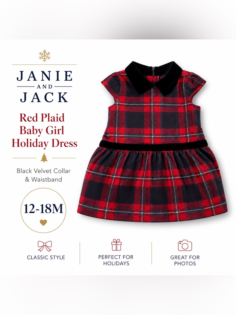 Janie and Jack Red Plaid Baby Girl Holiday Dress 12-18M